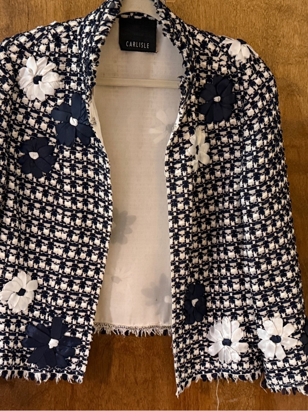 Carlisle Navy and White Tweed Floral Appliqué Open Jacket